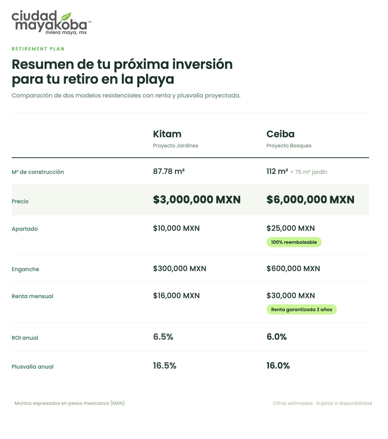 Resumen de inversion como plan de retiro en Ciudad Mayakoba