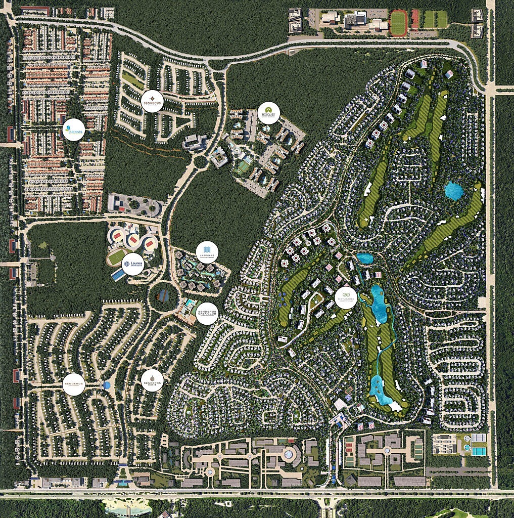Vue du développement Ciudad Mayakoba avec ses infrastructures et espaces verts